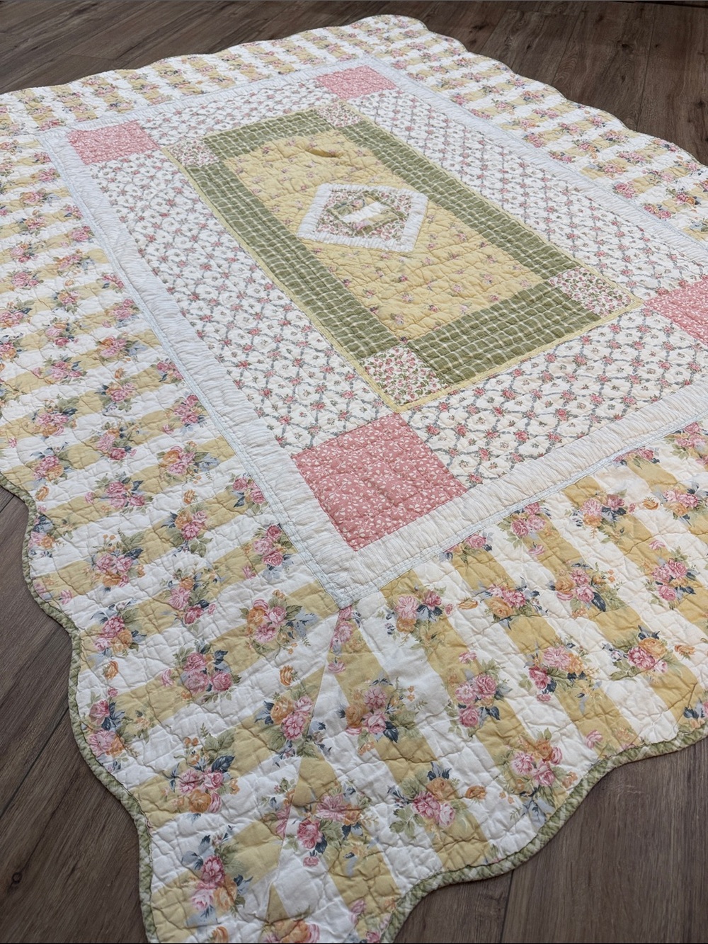 Floral Patchwork Cotton Quilt - Pink, Yellow & Green 60x80